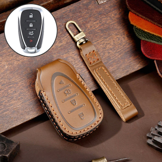 For Chevrolet 4-button Hallmo Car Cowhide Leather Key Protective Cover Key Case(Brown) - Car Key Cases by Hallmo | Online Shopping South Africa | PMC Jewellery | Buy Now Pay Later Mobicred
