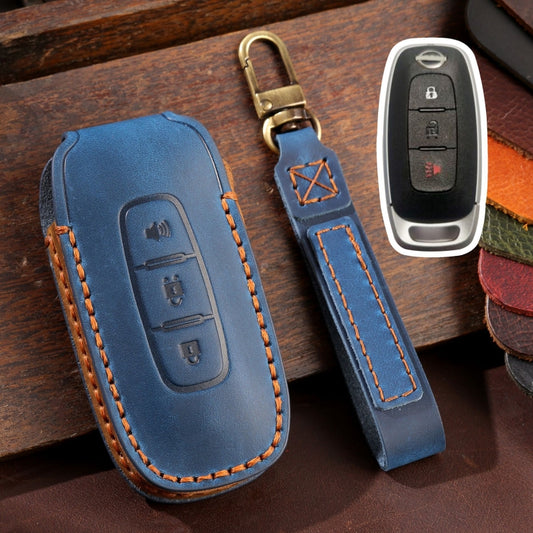 For Nissan Teana / Ariya 3-button Horn Hallmo Car Cowhide Leather Key Protective Cover Key Case(Blue) - Car Key Cases by Hallmo | Online Shopping South Africa | PMC Jewellery | Buy Now Pay Later Mobicred