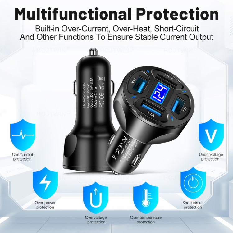 WGS-G36 3.1A 4 in 1 Digital Display Car Charger with Voltmeter (Black) - Car Charger by PMC TechLife | Online Shopping South Africa | PMC TechLife | Buy Now Pay Later Mobicred