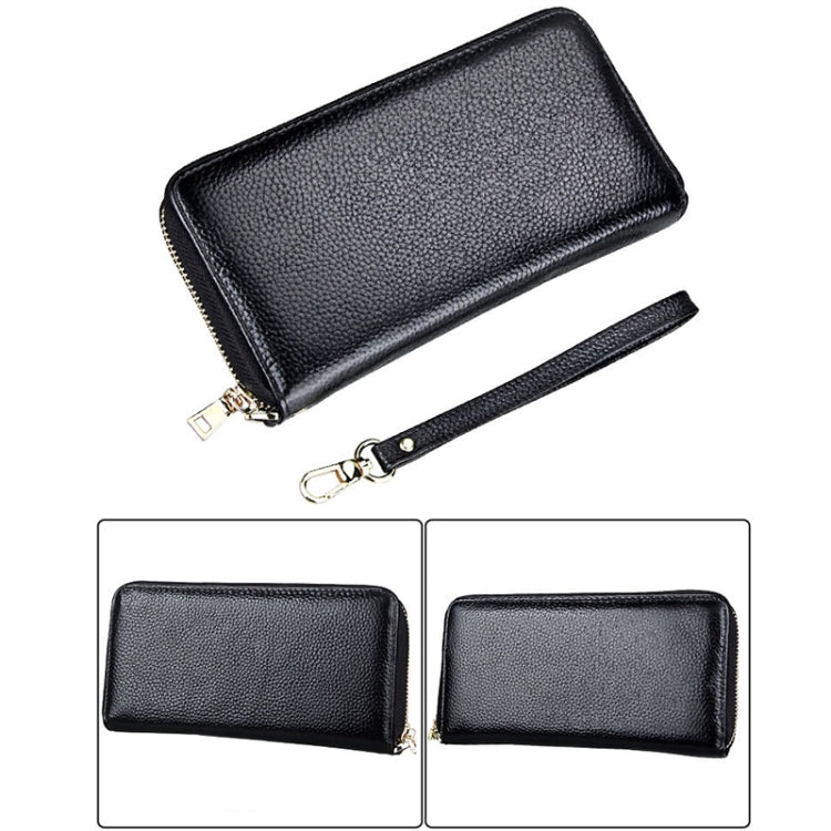 Genuine Cowhide Leather Litchi Texture Zipper Long Style Card Holder Wallet RFID Blocking Coin Purse Card Bag Protect Case with Hand Strap for Women, Size: 20*10.5*3cm(Black) - Antimagnetic RFID Package by PMC Jewellery | Online Shopping South Africa | PMC Jewellery | Buy Now Pay Later Mobicred