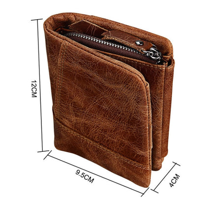 Genuine Cowhide Leather Crazy Horse Texture Zipper 3-folding Short Style Card Holder Wallet RFID Blocking Coin Purse Card Bag Protect Case for Men, Size: 12*9.5*4cm(Taupe) - Antimagnetic RFID Package by PMC Jewellery | Online Shopping South Africa | PMC Jewellery | Buy Now Pay Later Mobicred