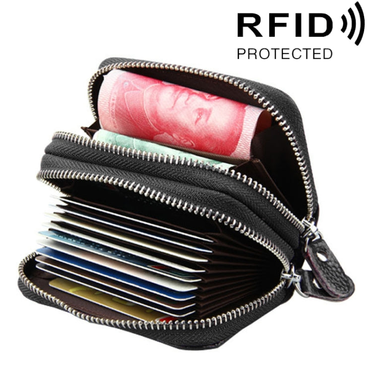 Genuine Leather Dual Layer Zipper Card Holder Wallet RFID Blocking Purse, Size: 10.5x7.0x4.0cm(Coffee) - free shipping - PMC Jewellery - Order now!