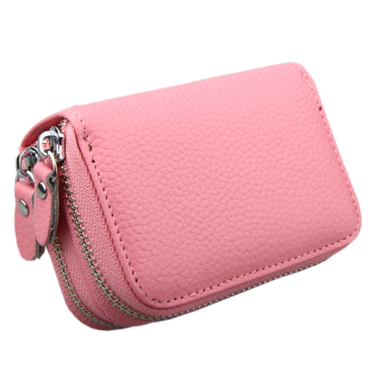 Genuine Leather Dual Layer Zipper Card Holder Wallet RFID Blocking Purse, Size: 10.5x7.0x4.0cm(Pink) - free shipping - PMC Jewellery - Order now!