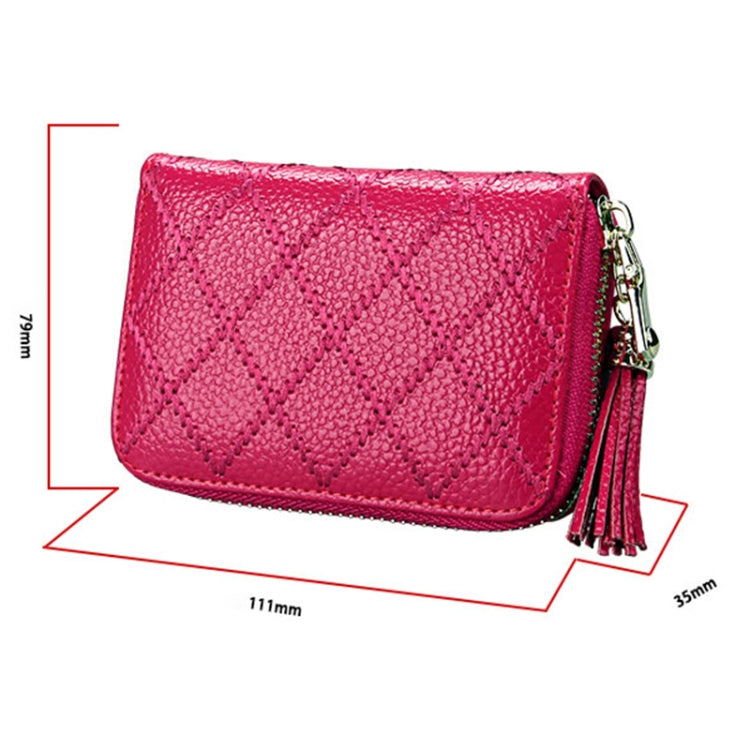 Genuine Cowhide Leather Grid Texture Zipper Card Holder Wallet RFID Blocking Card Bag Protect Case Coin Purse with Tassel Pendant & 15 Card Slots for Women, Size: 11.1*7.9*3.5cm(Magenta) - Antimagnetic RFID Package by PMC Jewellery | Online Shopping South Africa | PMC Jewellery | Buy Now Pay Later Mobicred