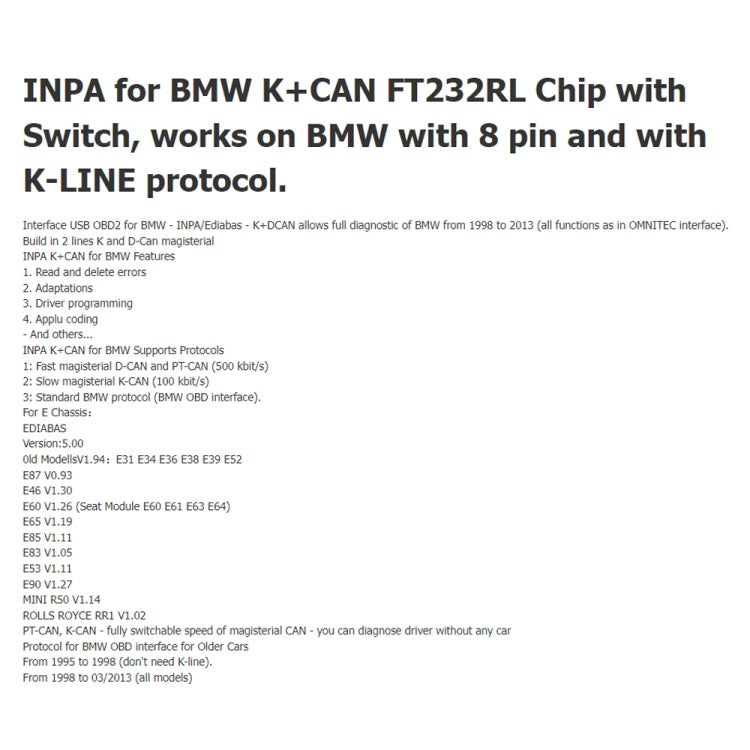 INPA K+CAN with Switch USB Interface Cable for BMW (Blue) - Cables & Connectors by PMC TechLife | Online Shopping South Africa | PMC TechLife