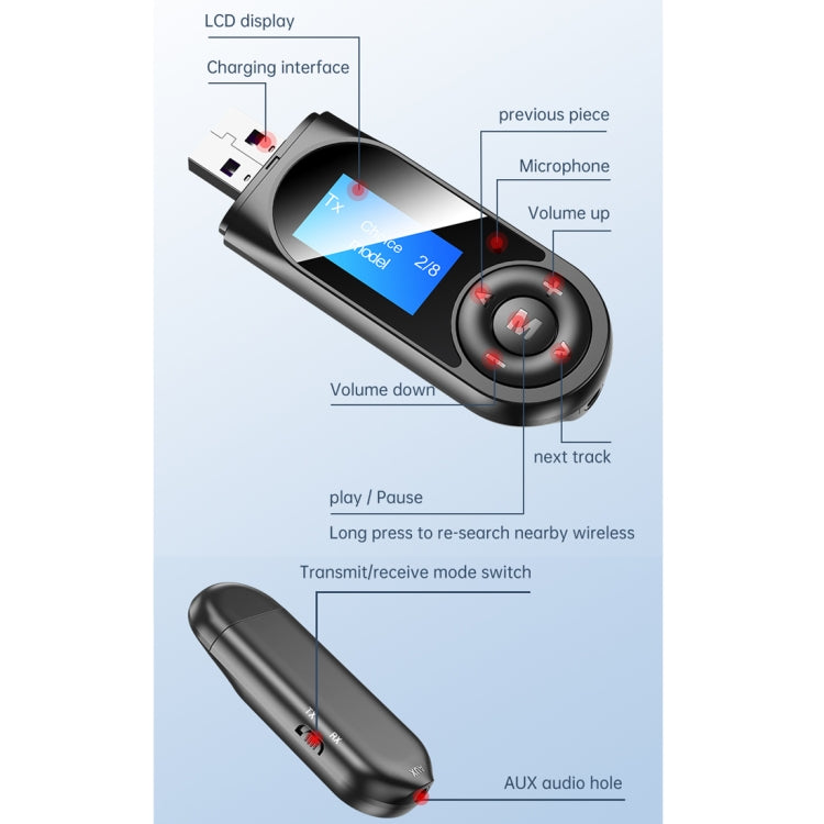 T-13 Bluetooth 5.0 LCD Digital Display Bluetooth Adapter Receiver Transmitter(Black) - free shipping - PMC Jewellery - Order now!