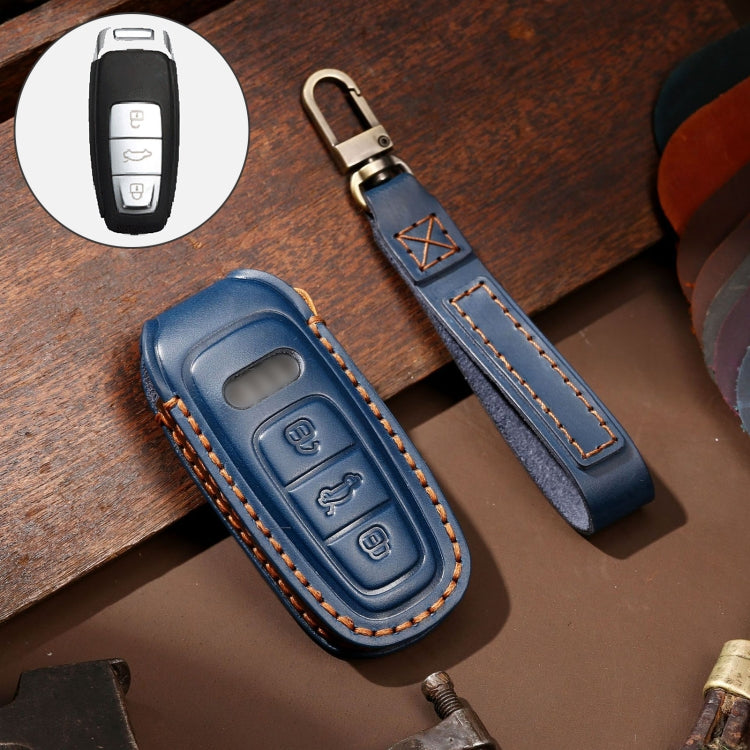 Hallmo Car Cowhide Leather Key Protective Cover Key Case for Audi A6L / A8L / A4 / A7 / A5 C Style(Blue) - Car Key Cases by Hallmo | Online Shopping South Africa | PMC TechLife | Buy Now Pay Later Mobicred
