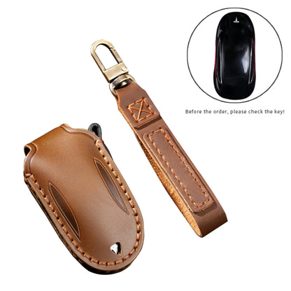 Hallmo Car Cowhide Leather Key Protective Cover Key Case for Tesla Model 3 / S A Style(Brown) - Car Key Cases by Hallmo | Online Shopping South Africa | PMC Jewellery | Buy Now Pay Later Mobicred