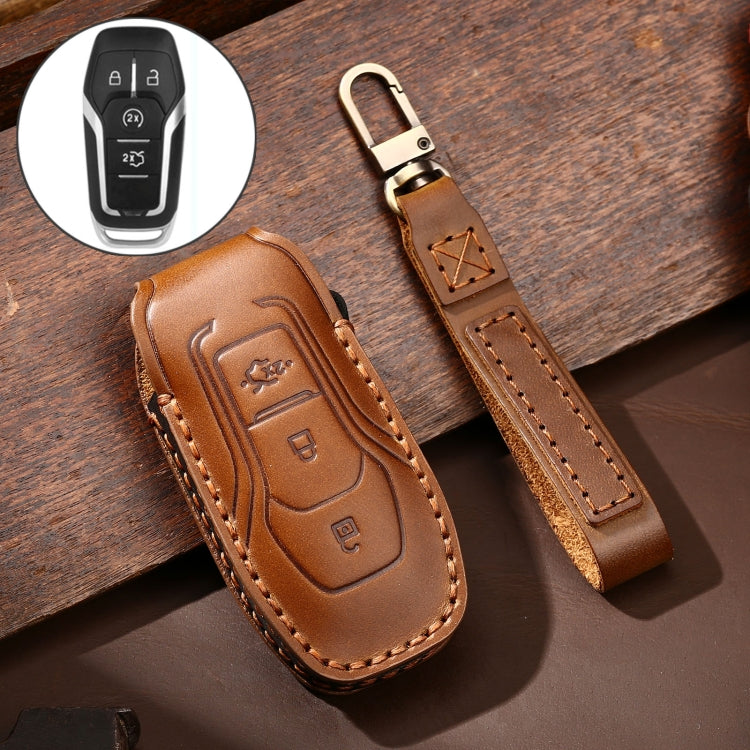 Hallmo Car Cowhide Leather Key Protective Cover Key Case for Ford Focus  A Style(Brown) - Car Key Cases by Hallmo | Online Shopping South Africa | PMC TechLife | Buy Now Pay Later Mobicred