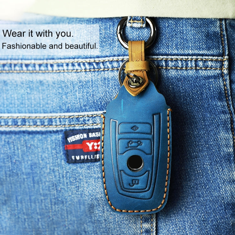For BMW Old Style Car Cowhide Leather Key Protective Cover Key Case, Two Keys Version (Blue) - Car Key Cases by PMC TechLife | Online Shopping South Africa | PMC TechLife | Buy Now Pay Later Mobicred