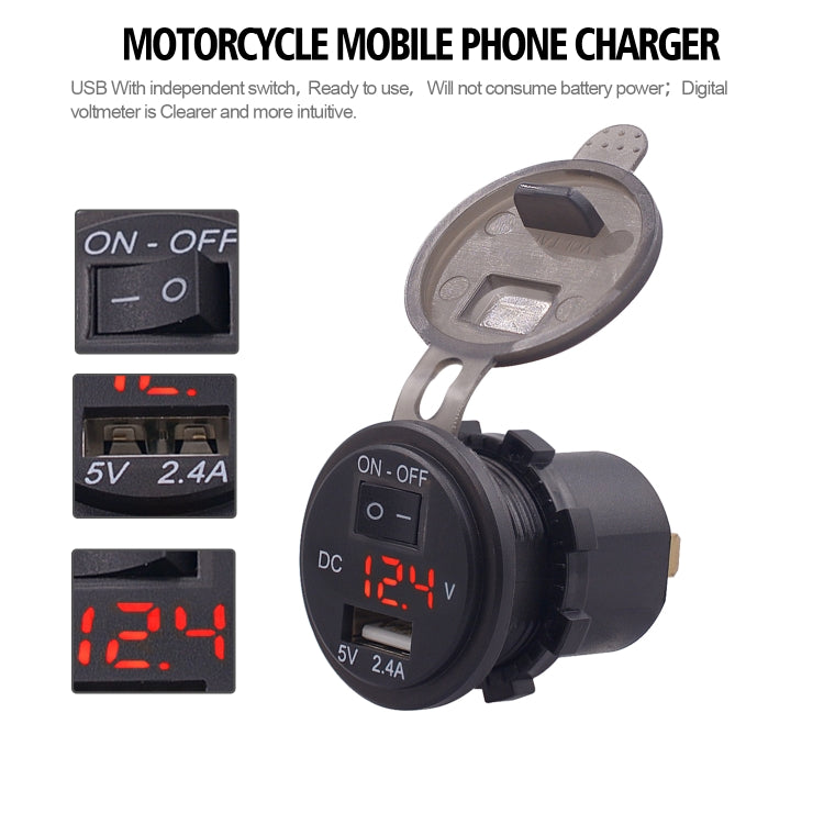 Universal Car Single Port USB Charger Power Outlet Adapter 2.4A 5V IP66 with LED Digital Voltmeter + Switch + 60cm Cable(Red Light) - DIY Modified Charger by PMC TechLife | Online Shopping South Africa | PMC TechLife | Buy Now Pay Later Mobicred