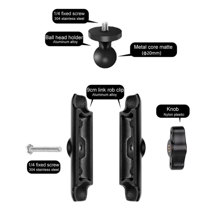 9cm Connecting Rod 20mm Ball Head Motorcycle Handlebar Fixed Mount Holder with Tripod Adapter & Screw for GoPro Hero12 Black / Hero11 /10 /9 /8 /7 /6 /5, Insta360 Ace / Ace Pro, DJI Osmo Action 4 and Other Action Cameras(Black) - Bicycle Handlebar Mount by PMC Jewellery | Online Shopping South Africa | PMC Jewellery | Buy Now Pay Later Mobicred