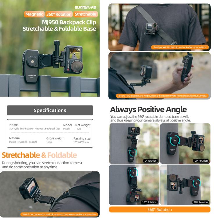 Sunnylife Stretchable Backpack Clip Rotatable Magnetic Mount Action Camera Holder Vlog Mount (Black) - free shipping - PMC TechLife - Order now!