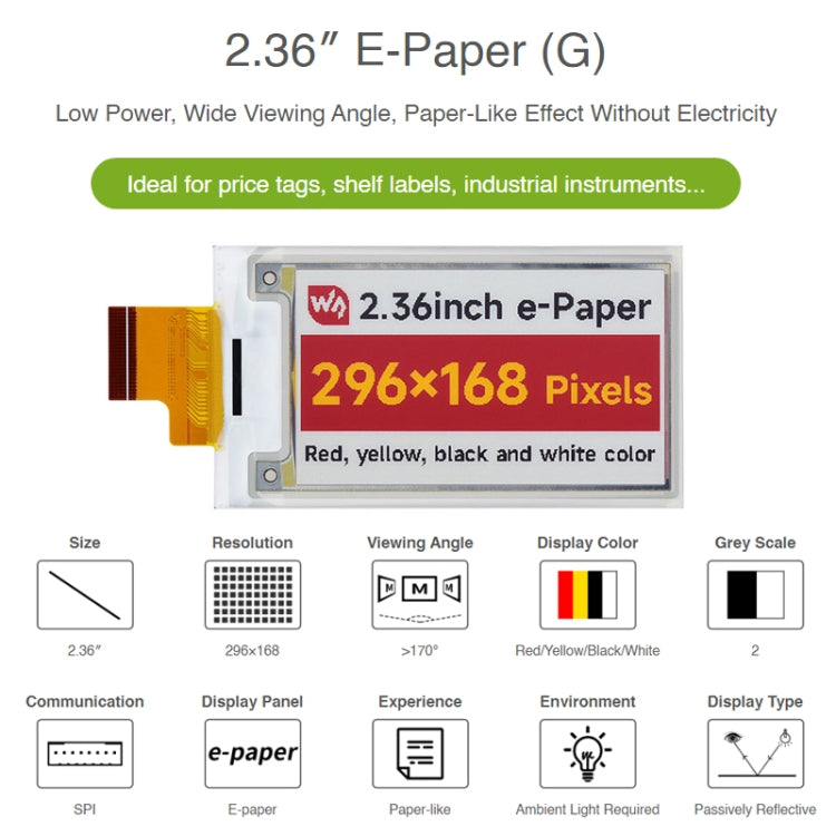 Waveshare 2.36 inch 296 x 168 Red Yellow Black White E-Paper (G) Raw Display Panel - Modules Expansions Accessories by WAVESHARE | Online Shopping South Africa | PMC Jewellery | Buy Now Pay Later Mobicred