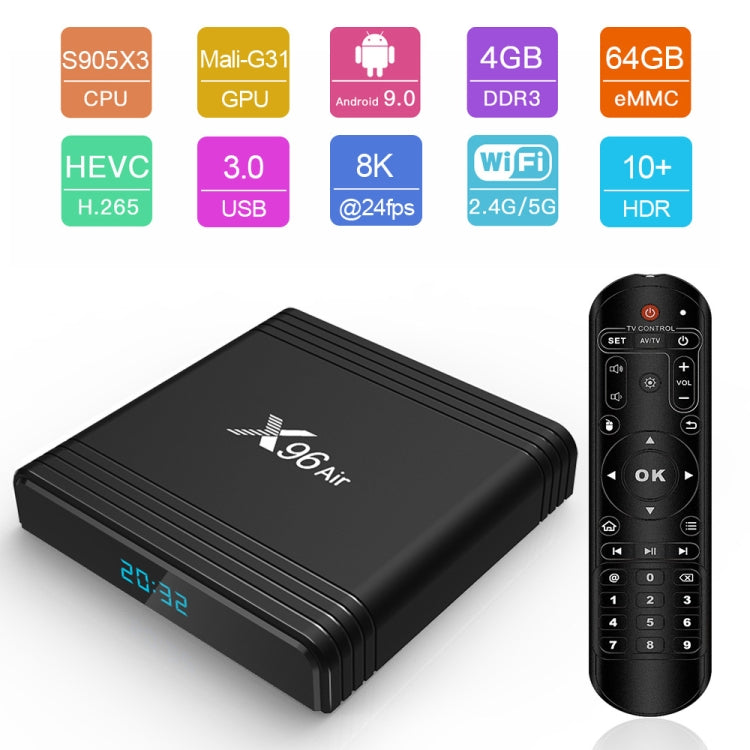 X96 Air 8K Smart TV BOX Android 9.0 Media Player with Remote Control, Quad-core Amlogic S905X3, RAM: 4GB, ROM: 32GB, Dual Band WiFi, Bluetooth, EU Plug - Amlogic S905 by PMC Jewellery | Online Shopping South Africa | PMC Jewellery | Buy Now Pay Later Mobicred