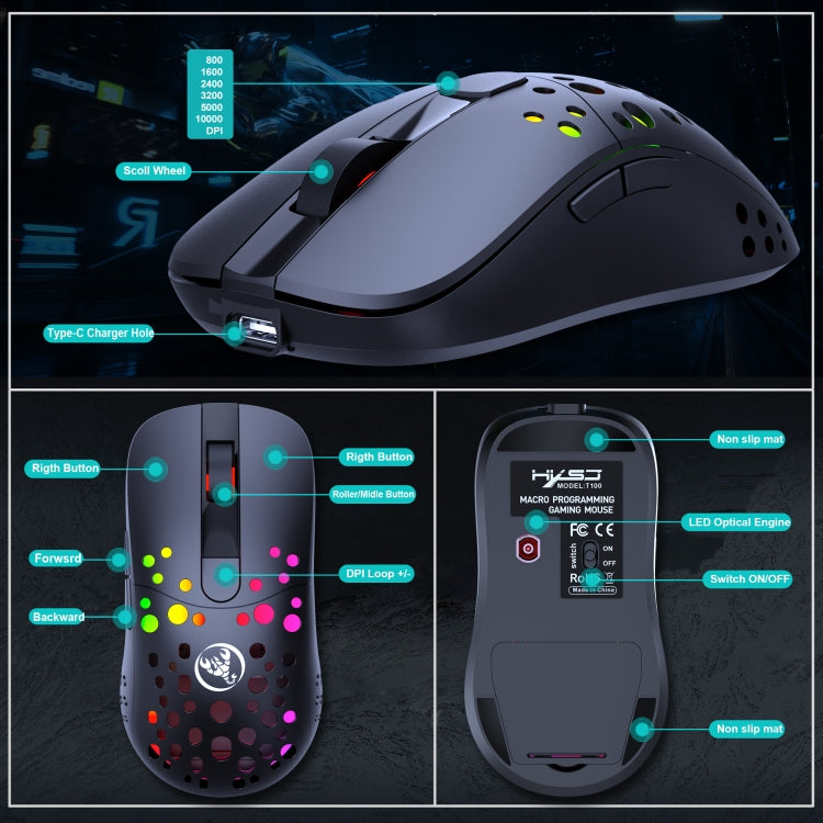 HXSJ T100 10000 DPI RGB Macro Definition Wired Wireless Dual-mode Mouse(Black) - free shipping - PMC Jewellery - Order now!