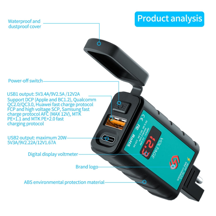 WUPP ZH-1422B1 DC12-24V Motorcycle Square Single USB + PD Fast Charging Charger with Switch + Voltmeter + Integrated SAE Socket - Battery Charger by WUPP | Online Shopping South Africa | PMC Jewellery | Buy Now Pay Later Mobicred