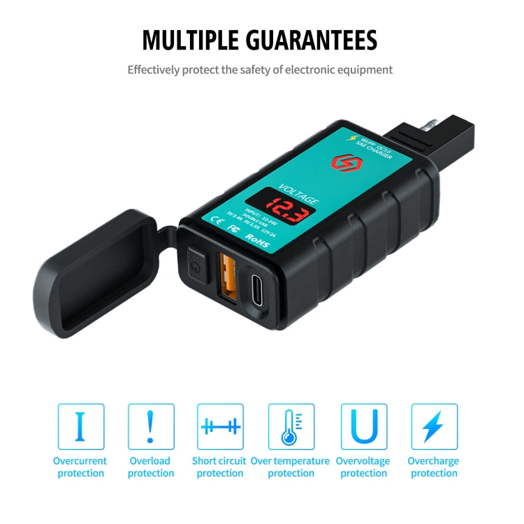 WUPP ZH-1422B2 DC12-24V Motorcycle Square Single USB + PD Fast Charging Charger with Switch + Voltmeter + Integrated SAE Socket + 1m SAE Socket Cable - Battery Charger by WUPP | Online Shopping South Africa | PMC TechLife | Buy Now Pay Later Mobicred