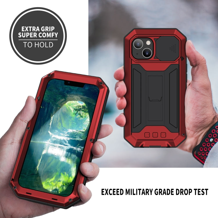 For iPhone 13 mini R-JUST Sliding Camera Shockproof Life Waterproof Dust-proof Metal + Silicone Protective Case with Holder (Red) - iPhone 13 mini Cases by R-JUST | Online Shopping South Africa | PMC TechLife | Buy Now Pay Later Mobicred