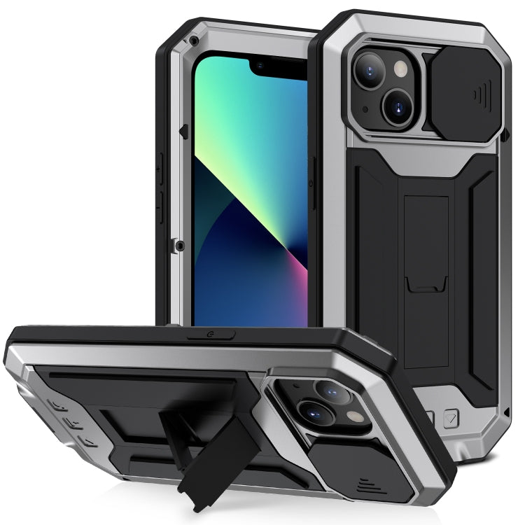 For iPhone 13 mini R-JUST Sliding Camera Shockproof Life Waterproof Dust-proof Metal + Silicone Protective Case with Holder (Silver) - iPhone 13 mini Cases by R-JUST | Online Shopping South Africa | PMC TechLife