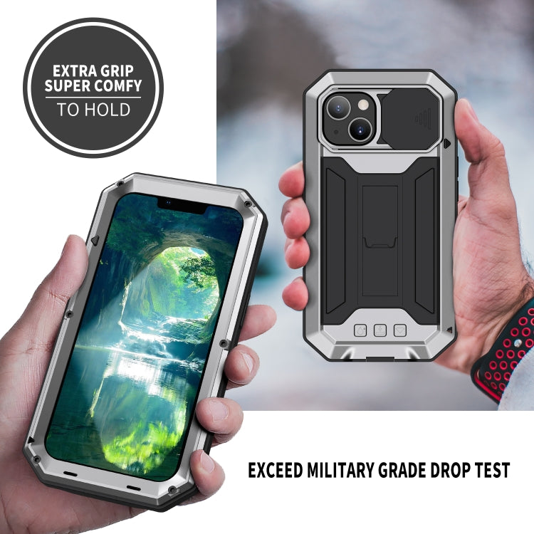 For iPhone 13 mini R-JUST Sliding Camera Shockproof Life Waterproof Dust-proof Metal + Silicone Protective Case with Holder (Silver) - iPhone 13 mini Cases by R-JUST | Online Shopping South Africa | PMC Jewellery