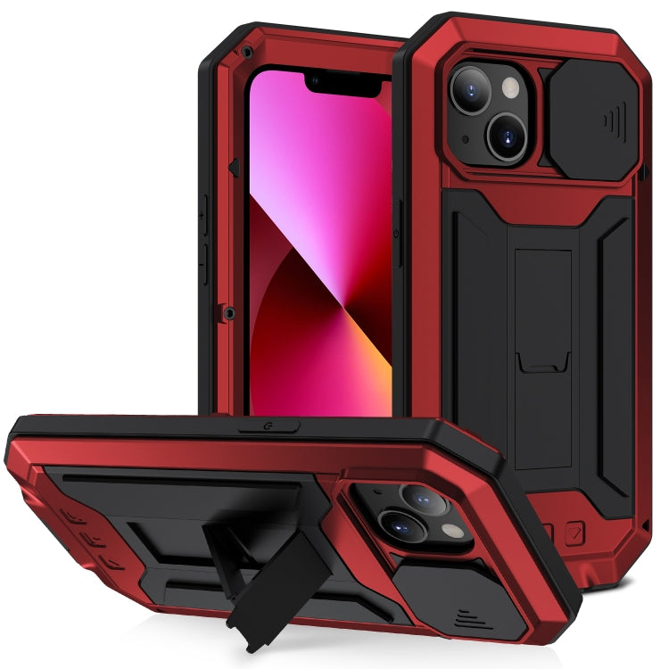 For iPhone 13 R-JUST Sliding Camera Shockproof Life Waterproof Dust-proof Metal + Silicone Protective Case with Holder(Red) - iPhone 13 Cases by R-JUST | Online Shopping South Africa | PMC TechLife | Buy Now Pay Later Mobicred