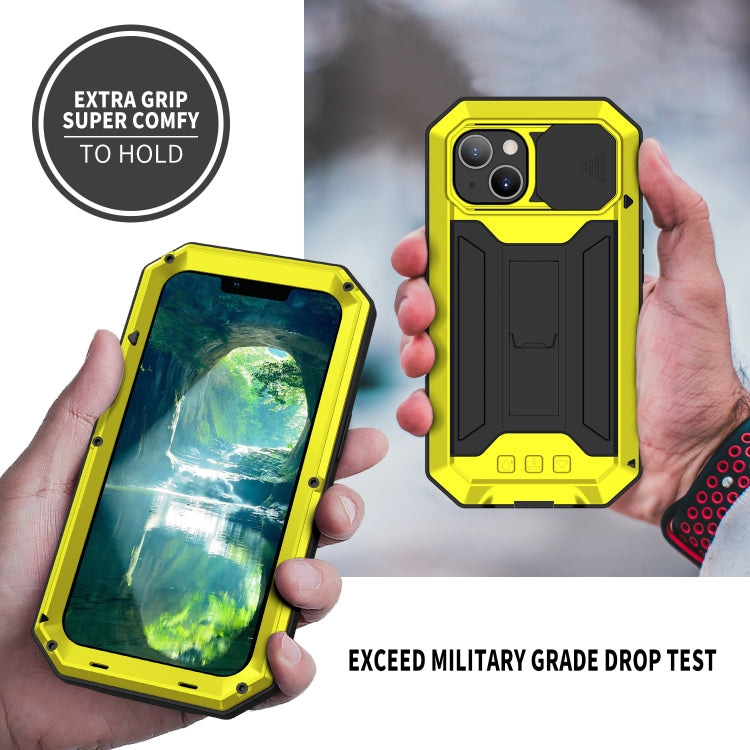 For iPhone 13 R-JUST Sliding Camera Shockproof Life Waterproof Dust-proof Metal + Silicone Protective Case with Holder(Yellow) - iPhone 13 Cases by R-JUST | Online Shopping South Africa | PMC TechLife | Buy Now Pay Later Mobicred