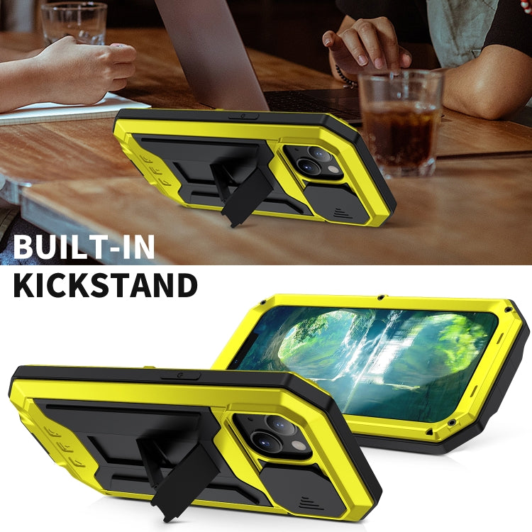 For iPhone 13 R-JUST Sliding Camera Shockproof Life Waterproof Dust-proof Metal + Silicone Protective Case with Holder(Yellow) - iPhone 13 Cases by R-JUST | Online Shopping South Africa | PMC TechLife | Buy Now Pay Later Mobicred