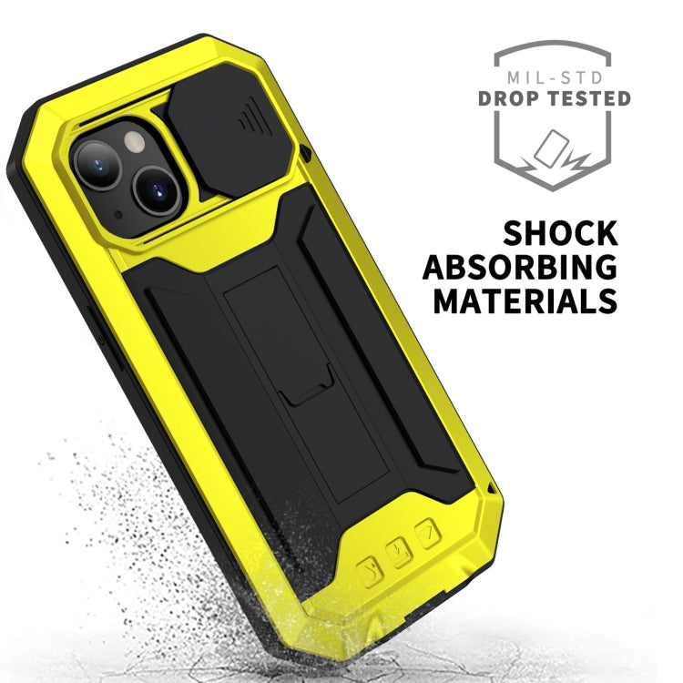 For iPhone 13 R-JUST Sliding Camera Shockproof Life Waterproof Dust-proof Metal + Silicone Protective Case with Holder(Yellow) - iPhone 13 Cases by R-JUST | Online Shopping South Africa | PMC TechLife | Buy Now Pay Later Mobicred