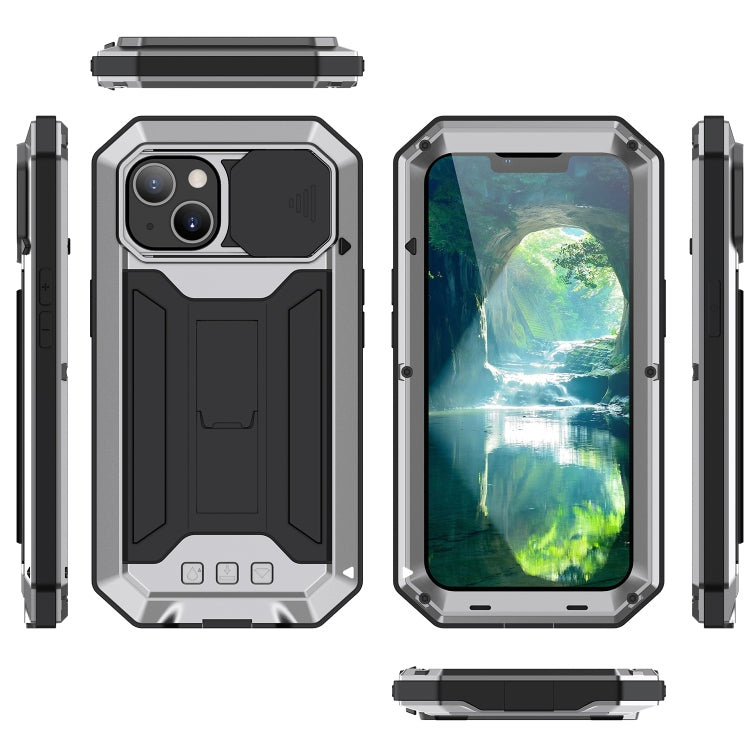 For iPhone 13 R-JUST Sliding Camera Shockproof Life Waterproof Dust-proof Metal + Silicone Protective Case with Holder(Silver) - iPhone 13 Cases by R-JUST | Online Shopping South Africa | PMC TechLife | Buy Now Pay Later Mobicred