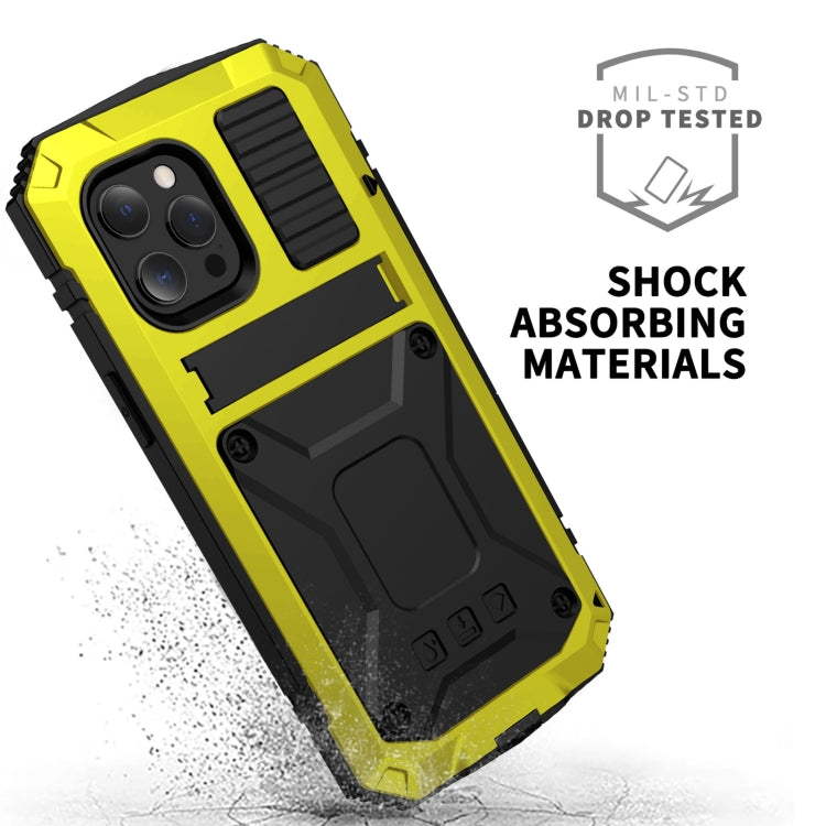 For iPhone 13 mini R-JUST Shockproof Waterproof Dust-proof Metal + Silicone Protective Case with Holder (Yellow) - iPhone 13 mini Cases by R-JUST | Online Shopping South Africa | PMC TechLife | Buy Now Pay Later Mobicred