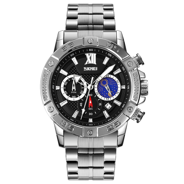 SKMEI 9235 Men Moonphase Stopwatch Stainless Steel Strap Quartz Watch(Silver Black) - free shipping - PMC TechLife - Order now!