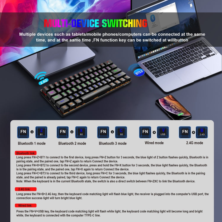 HXSJ L800 61 Keys Bluetooth 5.0 / 2.4G Wireless / Type-C Wired Three Modes Blue Shaft Mechanical Keyboard(Black) - free shipping - PMC Jewellery - Order now!