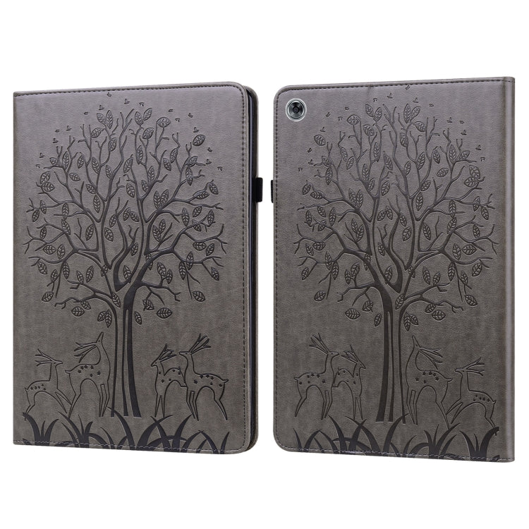 For Huawei MediaPad M5 lite Tree & Deer Pattern Pressed Printing Horizontal Flip PU Leather Case with Holder & Card Slots(Grey) - Huawei by PMC TechLife | Online Shopping South Africa | PMC TechLife | Buy Now Pay Later Mobicred