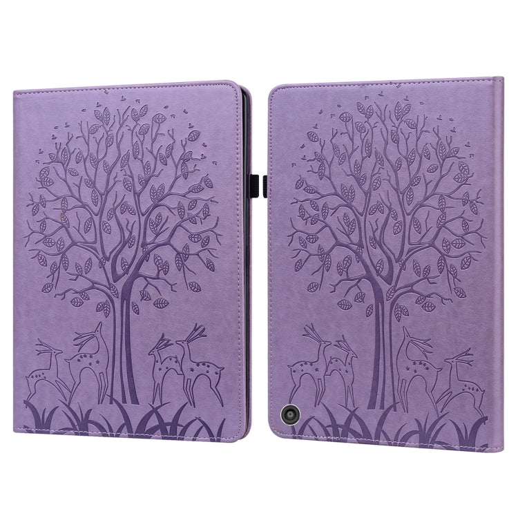 For Amazon Kindle Fire HD 10 / 10 Plus 2021 Tree & Deer Pattern Pressed Printing Horizontal Flip PU Leather Case with Holder & Card Slots(Purple) - Amazon by PMC TechLife | Online Shopping South Africa | PMC TechLife | Buy Now Pay Later Mobicred