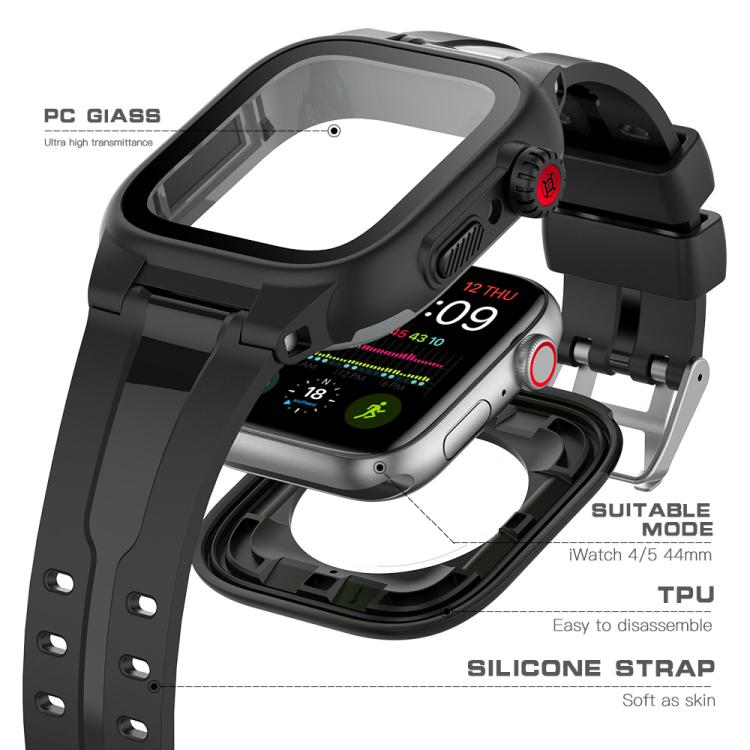 For Apple Watch Series SE 2&6&SE&5&4 44mm RedPepper IP68 Waterproof Screen Protector + Watchband + Protective Case(Black) - free shipping - PMC TechLife - Order now!