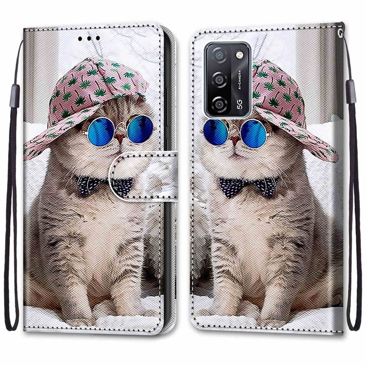 For OPPO A54 4G / A16 4G / A53s 5G / A55 5G Coloured Drawing Cross Texture Horizontal Flip PU Leather Case with Holder & Card Slots & Wallet & Lanyard(Slant Hat Blue Mirror Cat) - OPPO Cases by PMC Jewellery | Online Shopping South Africa | PMC Jewellery | Buy Now Pay Later Mobicred