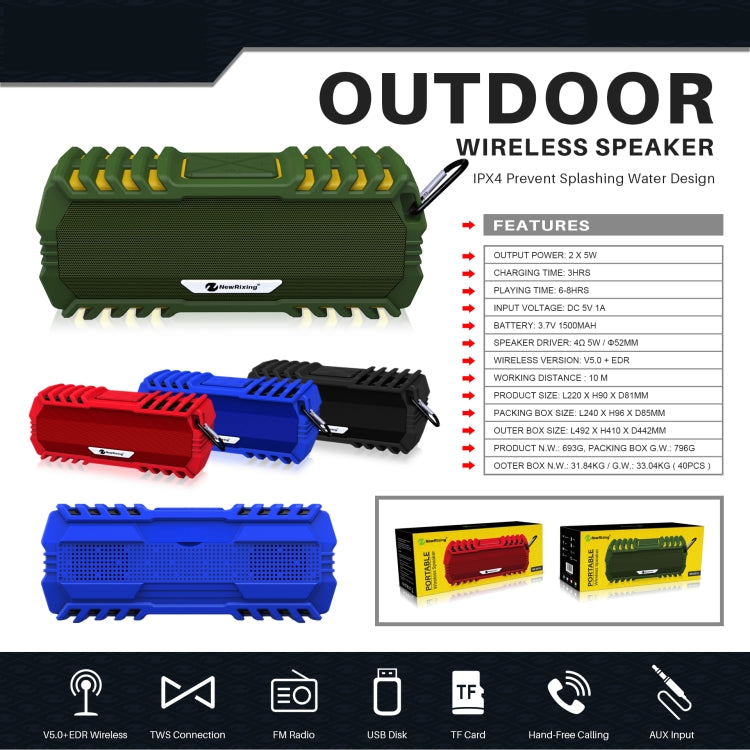 NewRixing NR-5015 Outdoor Portable Bluetooth Speakerr with Hook, Support Hands-free Call / TF Card / FM / U Disk(Green) - free shipping - PMC Jewellery - Order now!