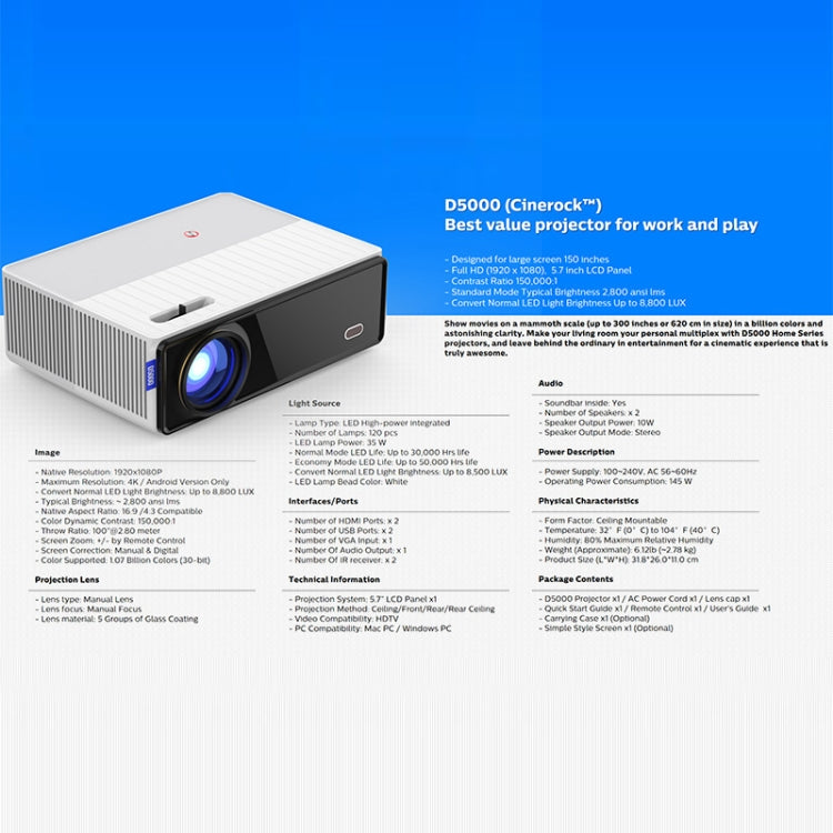 VIVIBRIGHT D5000 1920x1080P 420ANSI 6000Lumens LCD + LED HD Digital Projector, Basic Version EU Plug - LED Projector by VIVIBRIGHT | Online Shopping South Africa | PMC Jewellery | Buy Now Pay Later Mobicred