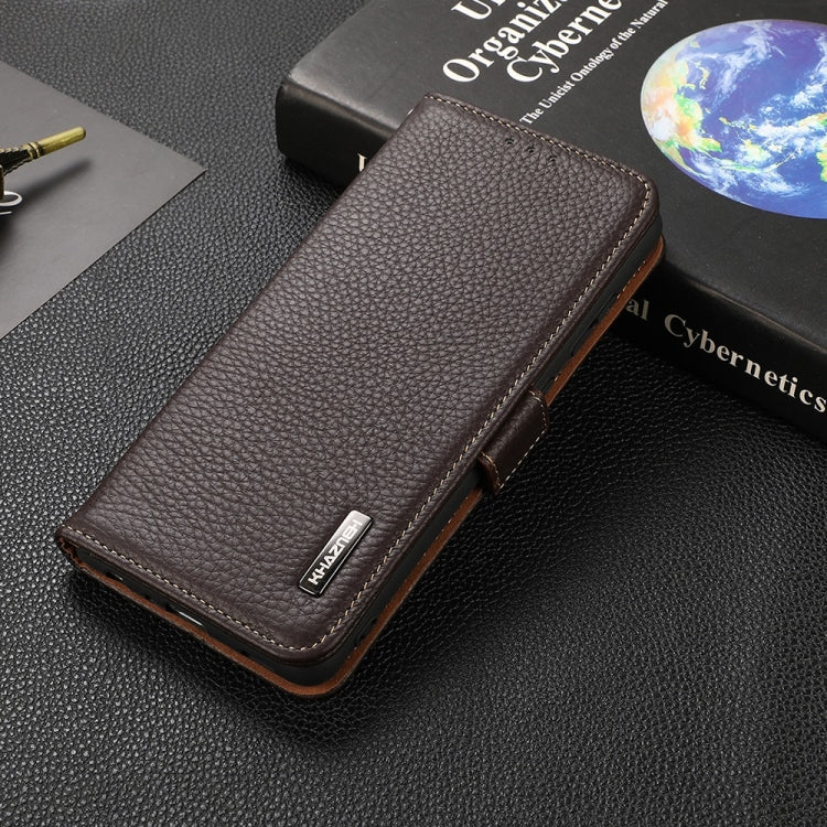 For Motorola Moto E7 Power KHAZNEH Side-Magnetic Litchi Genuine Leather RFID Case(Brown) - Motorola Cases by PMC TechLife | Online Shopping South Africa | PMC TechLife | Buy Now Pay Later Mobicred