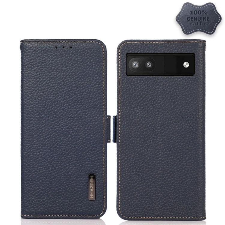 For Google Pixel 6a KHAZNEH Side-Magnetic Litchi Genuine Leather RFID Case(Blue) - Google Cases by PMC TechLife | Online Shopping South Africa | PMC TechLife | Buy Now Pay Later Mobicred