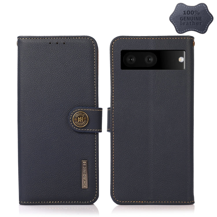 For Google Pixel 7 5G KHAZNEH Custer Genuine Leather RFID Phone Case(Blue) - Google Cases by PMC TechLife | Online Shopping South Africa | PMC TechLife | Buy Now Pay Later Mobicred