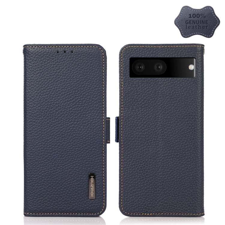 For Google Pixel 7 5G KHAZNEH Side-Magnetic Litchi Genuine Leather RFID Phone Case(Blue) - Google Cases by PMC TechLife | Online Shopping South Africa | PMC TechLife | Buy Now Pay Later Mobicred