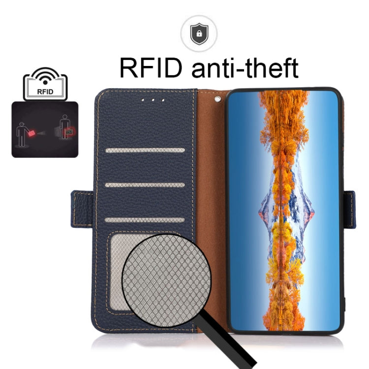 For Google Pixel 7 5G KHAZNEH Side-Magnetic Litchi Genuine Leather RFID Phone Case(Blue) - Google Cases by PMC TechLife | Online Shopping South Africa | PMC TechLife | Buy Now Pay Later Mobicred