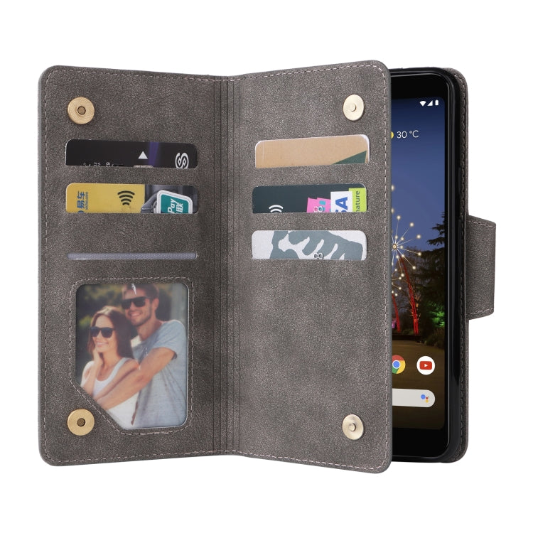 For Google Pixel 3A Rivet Buckle 9 Cards Three Fold Leather Phone Case(Grey) - Google Cases by PMC Jewellery | Online Shopping South Africa | PMC Jewellery | Buy Now Pay Later Mobicred