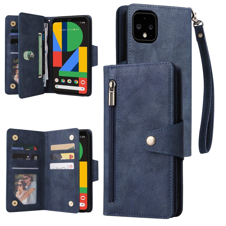 For Google Pixel 4 XL Rivet Buckle 9 Cards Three Fold Leather Phone Case(Blue) - Google Cases by PMC Jewellery | Online Shopping South Africa | PMC Jewellery | Buy Now Pay Later Mobicred