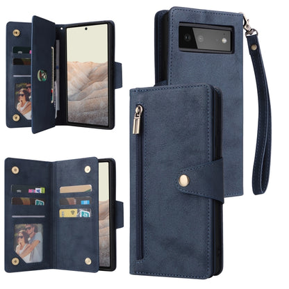 For Google Pixel 6 Rivet Buckle 9 Cards Three Fold Leather Phone Case(Blue) - Google Cases by PMC Jewellery | Online Shopping South Africa | PMC Jewellery | Buy Now Pay Later Mobicred