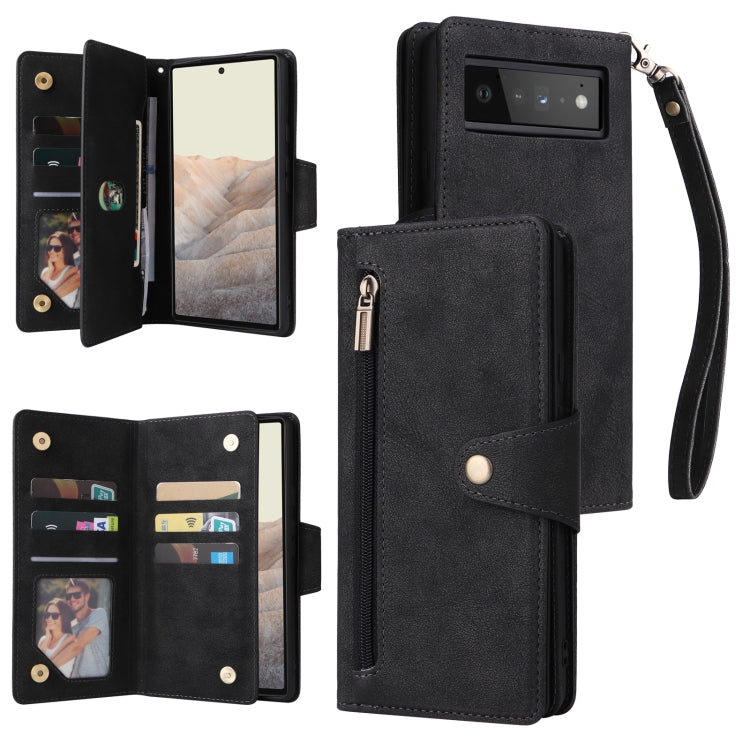 For Google Pixel 6 Pro Rivet Buckle 9 Cards Three Fold Leather Phone Case(Black) - Google Cases by PMC TechLife | Online Shopping South Africa | PMC TechLife | Buy Now Pay Later Mobicred