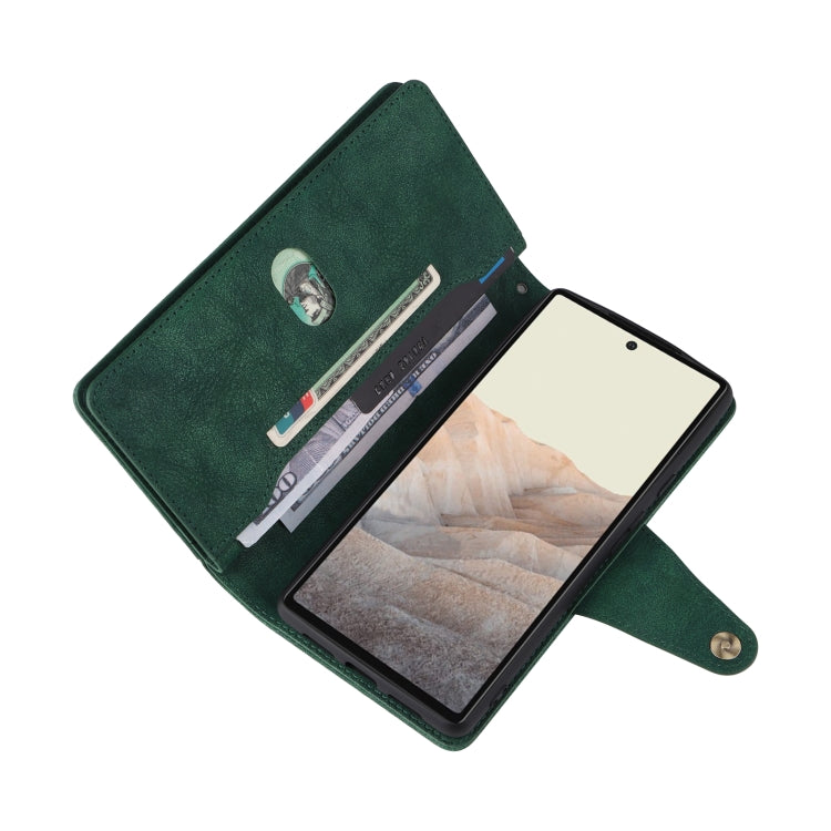 For Google Pixel 6 Pro Rivet Buckle 9 Cards Three Fold Leather Phone Case(Green) - Google Cases by PMC TechLife | Online Shopping South Africa | PMC TechLife | Buy Now Pay Later Mobicred