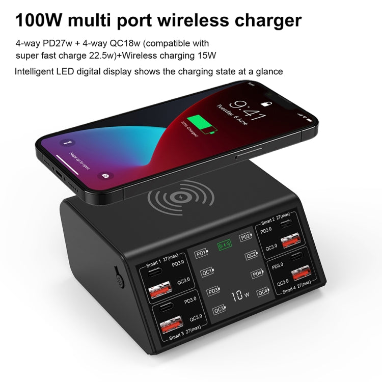 838w 9 in 1 100W 4 PD 3.0 USB-C / Type-C + 4 QC 3.0 USB Ports Smart Digital Display Wireless Charger, US Plug(White) - Multifunction Charger by PMC Jewellery | Online Shopping South Africa | PMC Jewellery | Buy Now Pay Later Mobicred